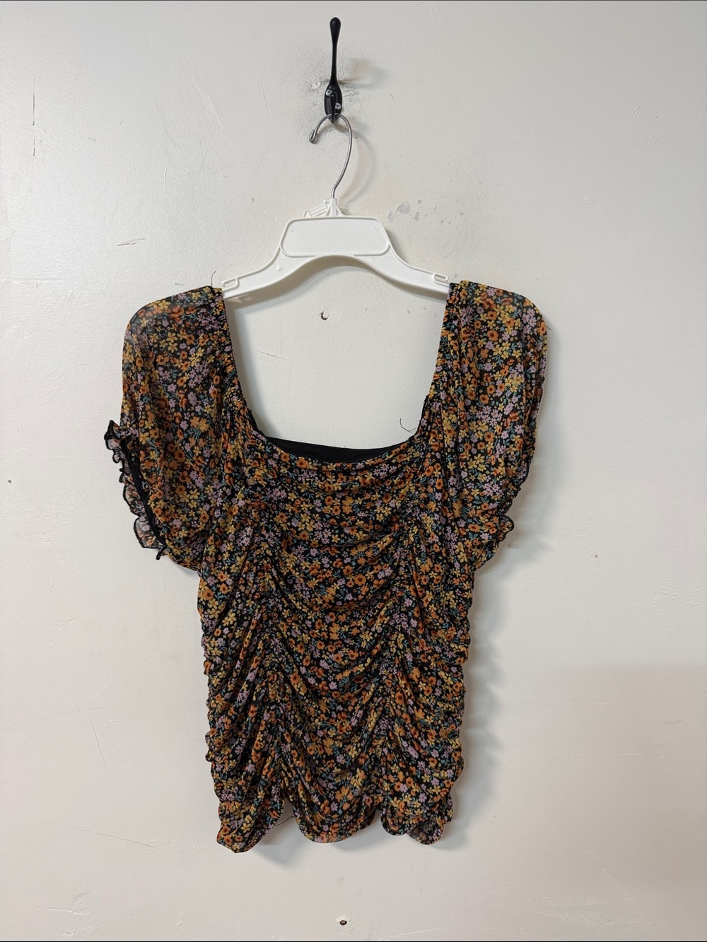 Almost Famous Black Floral Ruched Scoop-Neck Blouse